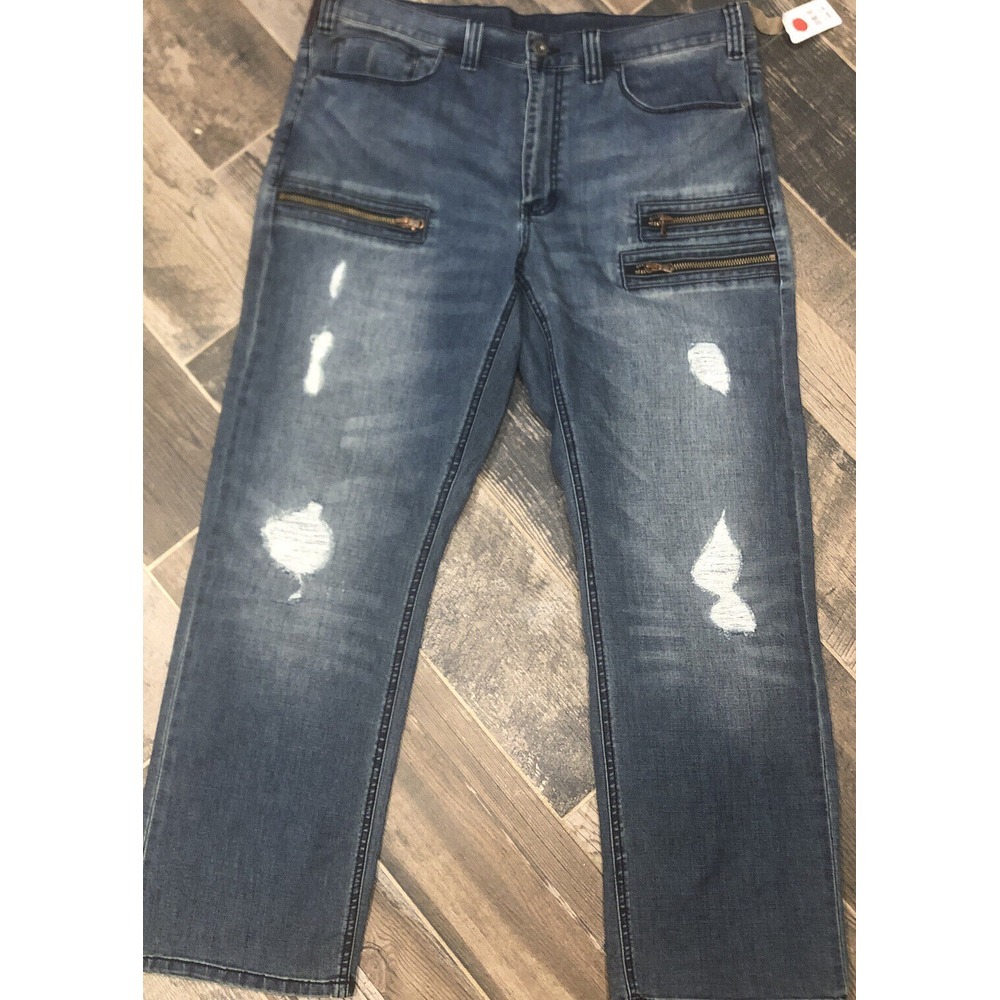 New Society of One Men's Straight Leg Denim Jeans‎ Zip Pockets Distressed 40x30